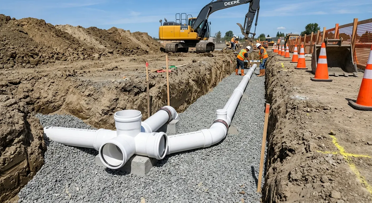 New PVC sewer pipe installation in open trench for Commercial Drain Cleaning in Geneseo